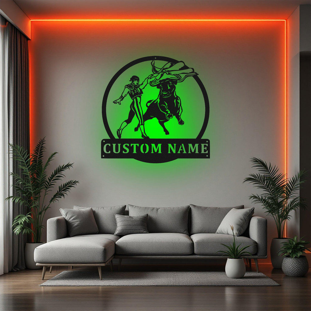 Custom Bullfighting Metal Wall Art With Led Light, Personalized Bullfighting Name Sign Decoration For Room, Bullfighting Metal Home Decor