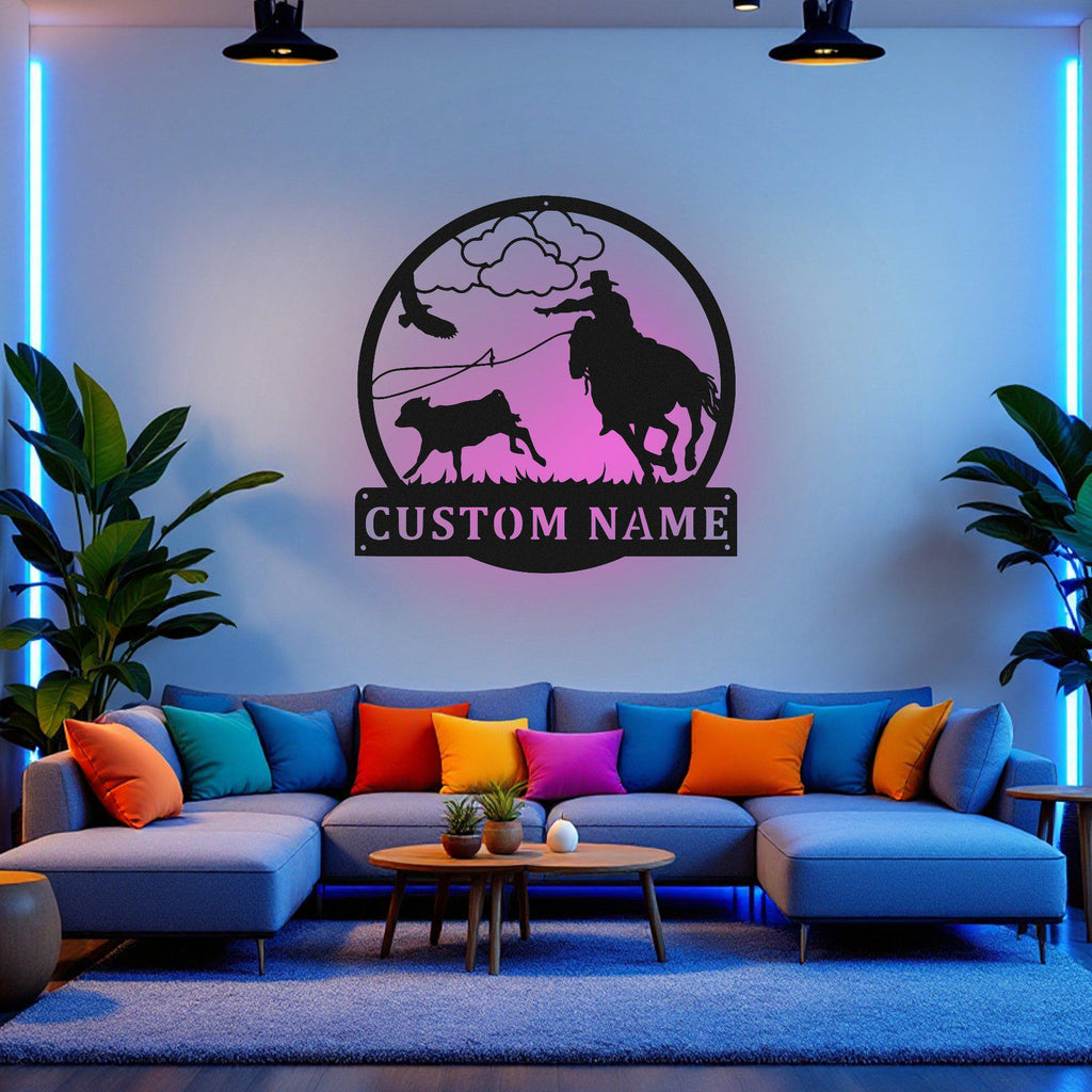 Custom Calf Roping Metal Wall Art With Led Light, Personalized Calf Roping Name Sign Decoration For Room, Calf Roping Metal Home Decor