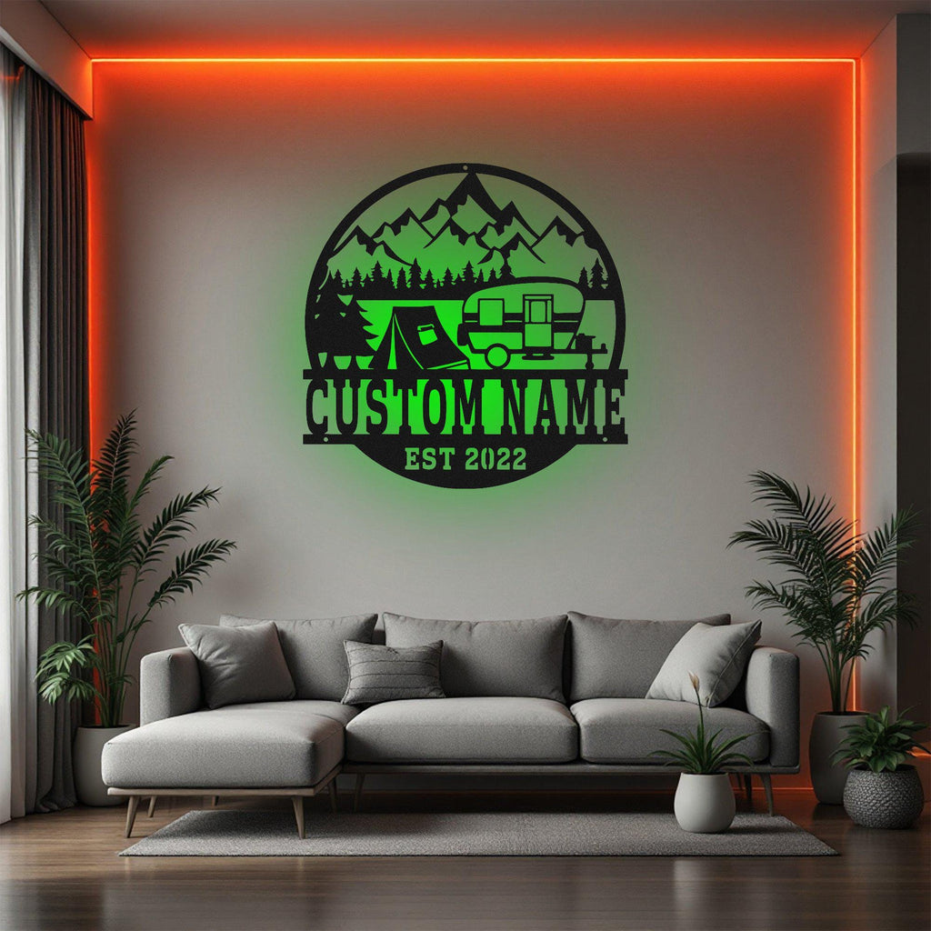 Custom Camping Tent Metal Wall Art With Led Light, Personalized Camping Name Sign Decoration For Room, Camping Metal Led Decor,Custom Camper