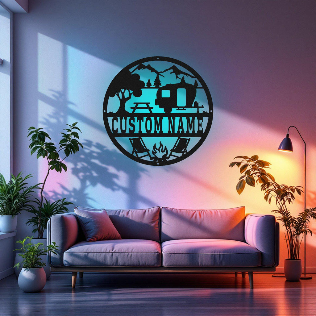 Custom Caravan Metal Wall Art With Led Light, Personalized Camper Name Sign Decoration For Room, Caravan Camping Metal Led Decor, Caravan