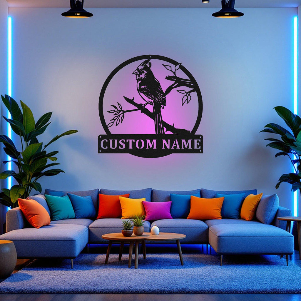 Custom Cardinal Bird Metal Wall Art With Led Light, Personalized Cardinal Bird Name Sign Decoration For Room, Cardinal Bird Metal Home Decor