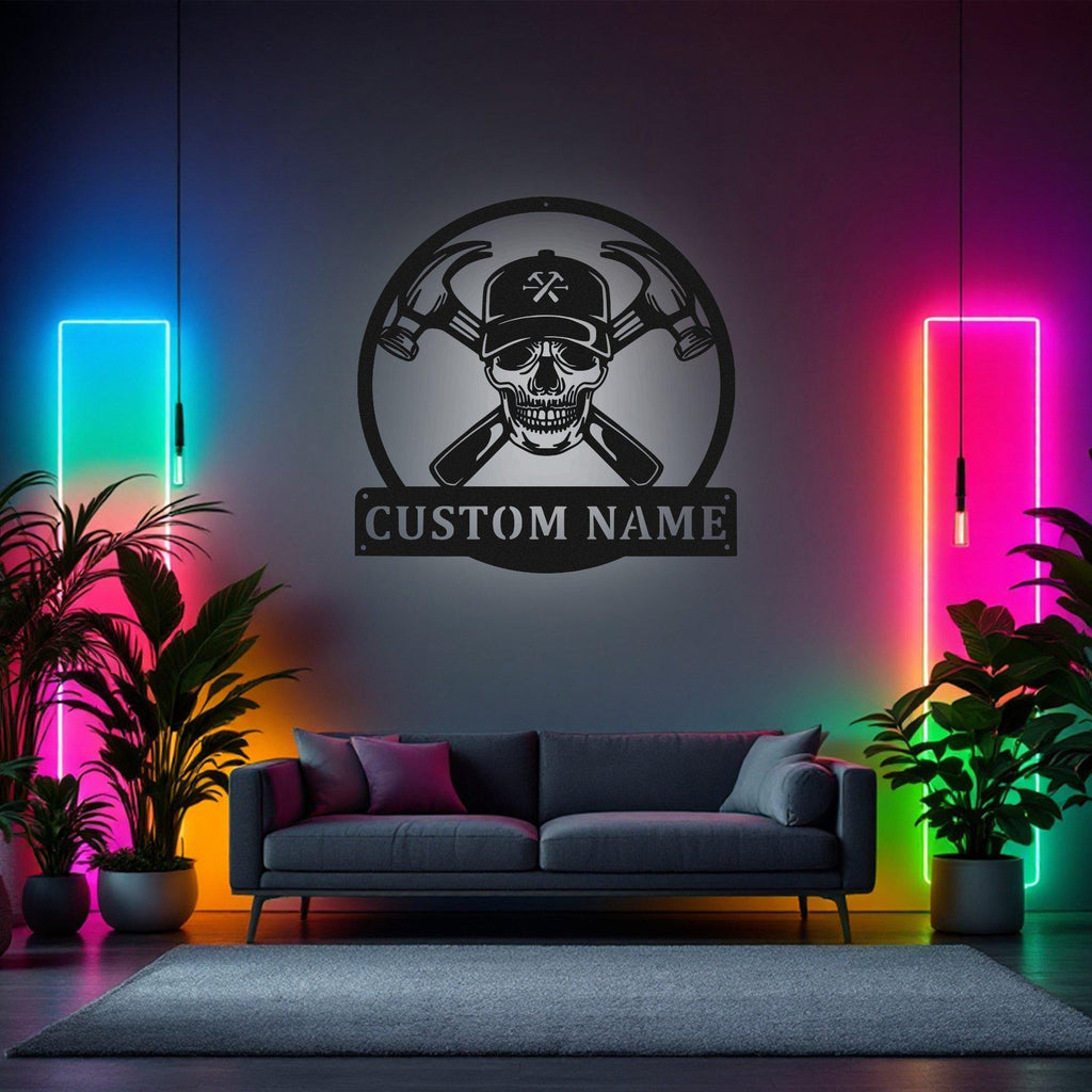 Custom Carpenter Skull Metal Wall Art With Led Light, Personalized Carpenter Name Sign Decoration For Room, Carpenter Metal Home Decor