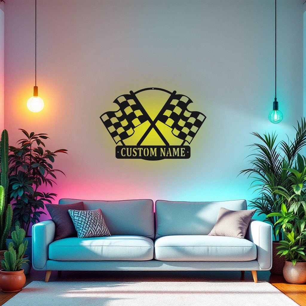 Custom Checkered Racing Flag Metal Wall Art With Led Light, Personalized Racer Name Sign Decoration For Room, Racing Metal Led Decor