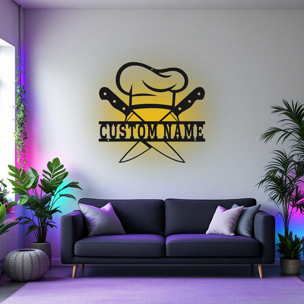 Custom Chef Hat Metal Wall Art With Led Light, Personalized Chef Name Sign Decoration For Room, Chef Hat Metal Led Decor, Custom Chef Name