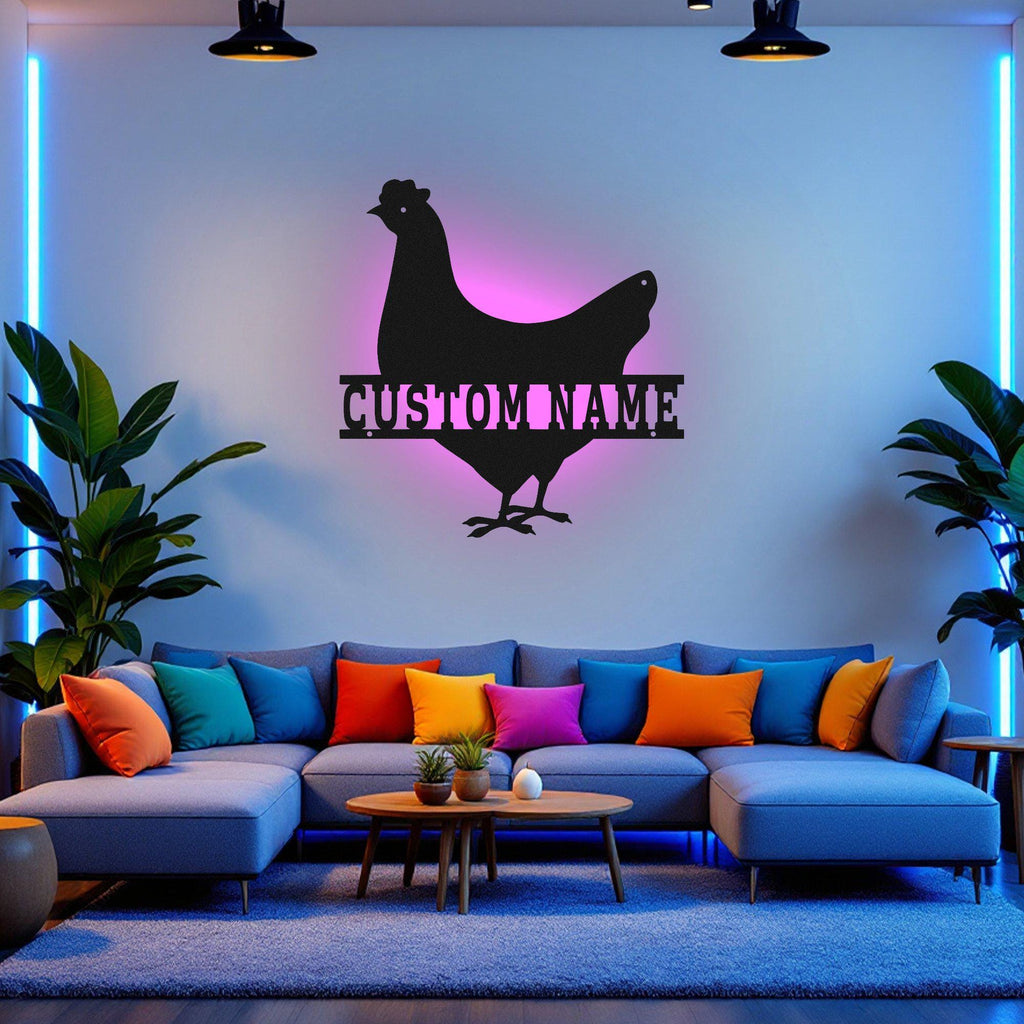 Custom Chicken Metal Wall Art With Led Light, Personalized Chicken Farm Name Sign Decoration For Room, Chicken Metal Led Decor, Chicken Farm