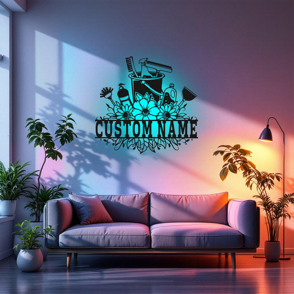 Custom Cleaning Tool Frame Metal Wall Art With Light , Personalized Cleaner Name Sign Decoration For Room, Cleaning Metal Led Decor