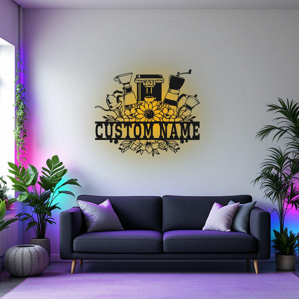 Custom Coffee Maker Frame Metal Wall Art With Led Light, Personalized Coffee Shop Name Sign Decoration For Room, Coffee Metal Led Decor