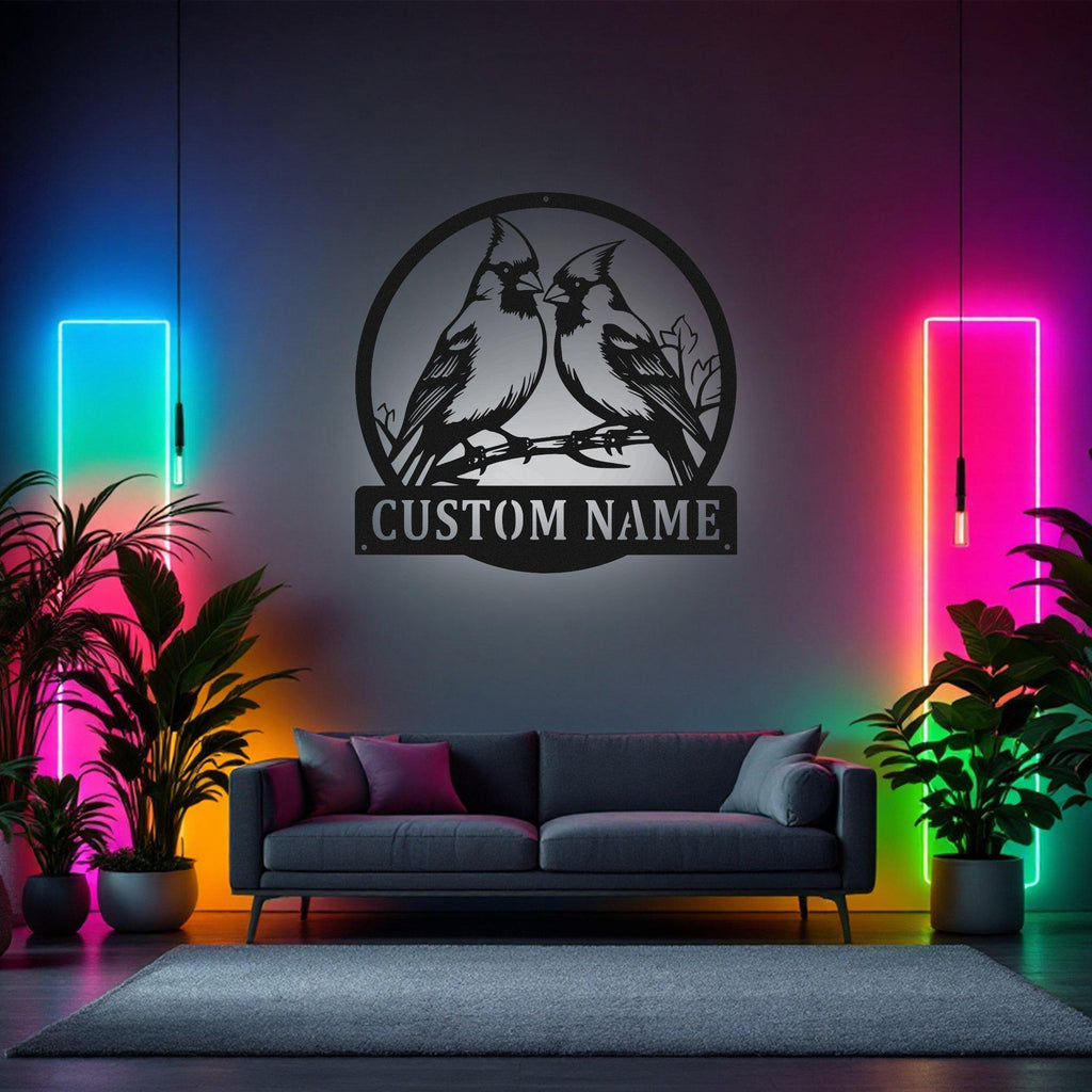 Custom Couple Cardinal Bird Metal Sign, Personalized Cardinal Bird Name Sign Decoration For Room, Cardinal Metal Led Decor