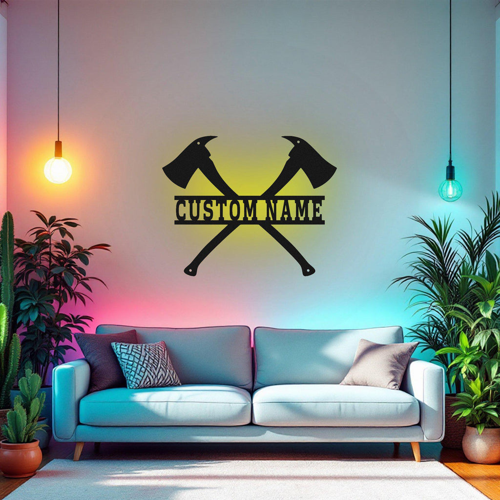 Custom Crossed Firefighter Metal Wall Art With Led Light, Personalized Firefighter Name Sign Decoration For Room,Firefighter Metal Led Decor