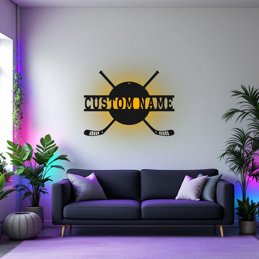 Custom Crossed Hockey Metal Wall Art With Led Light, Personalized Hockey Player Name Sign Decoration For Room, Hockey Metal Led Decor