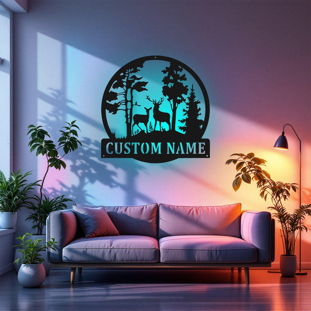 Custom Deer Couple Metal Wall Art With LED Light, Personalized Deer Family Name Sign Decoration For Room, Deer Family Metal Decor