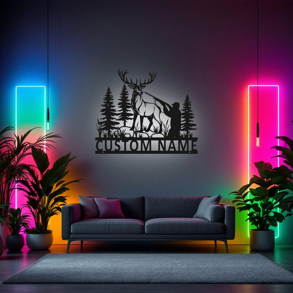 Custom Deer Hunter Metal Sign, Personalized Deer Hunter Name Sign Decoration For Room, Deer Hunter Metal Led Decor