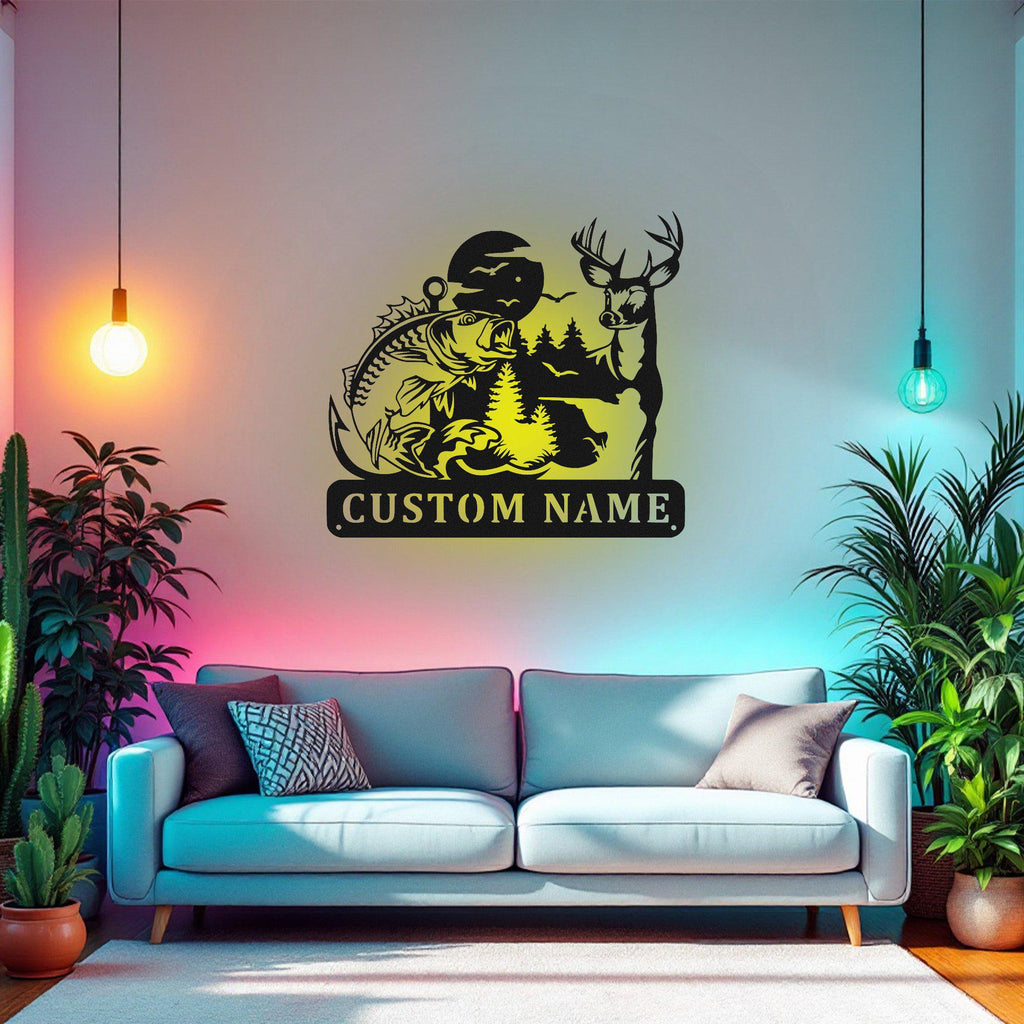 Custom Deer Hunter Metal Wall Art With Led Light, Personalized Deer Hunter Name Sign Decoration For Room, Deer Hunting Metal Led Decor