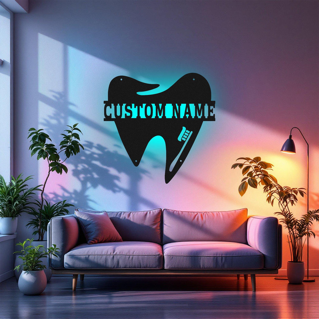 Custom Dental Office Metal Wall Art With Led Light, Personalized Dentist Office Name Sign Decoration For Room, Dentist Metal Led Decor