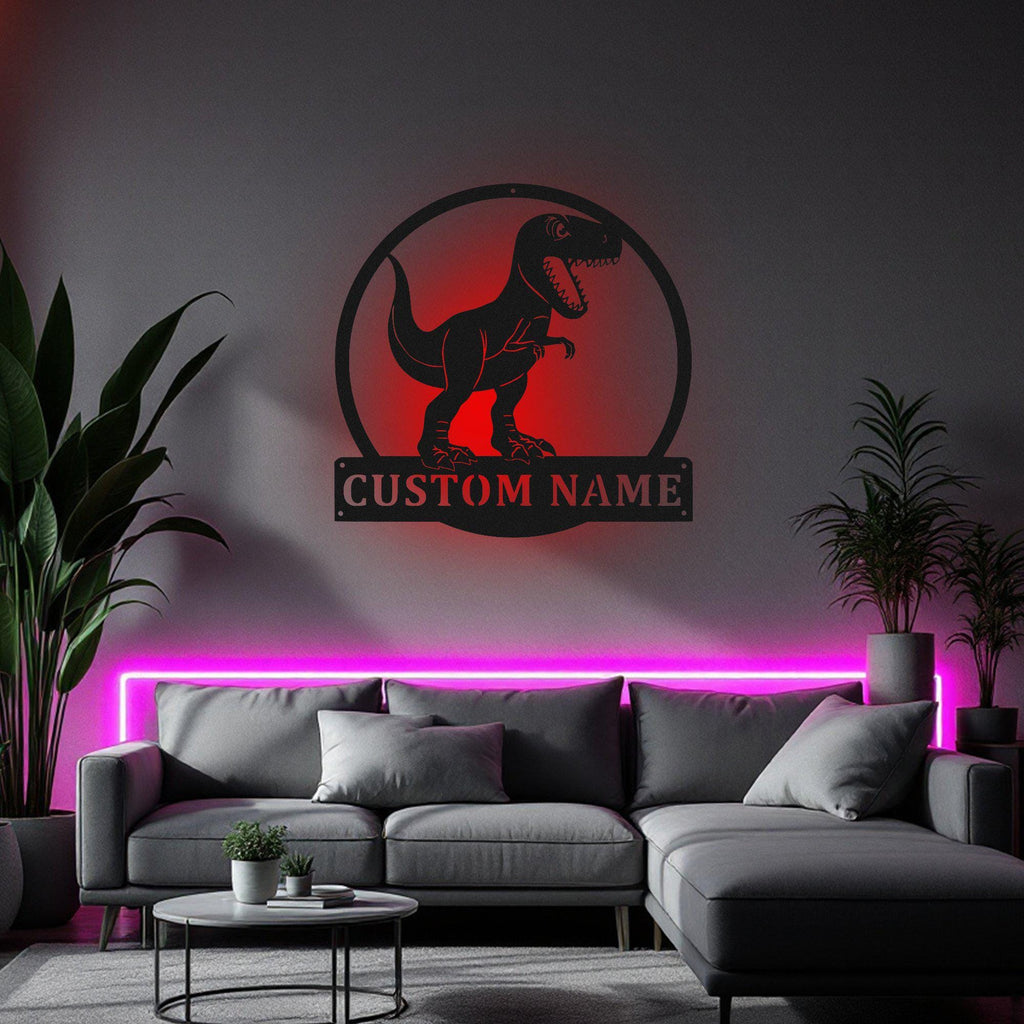 Custom Dinosaur T-Rex Metal Wall Art With Led Light, Personalized Dinosaur Name Sign Decoration For Room, Dinosaur T-Rex Metal Led Decor