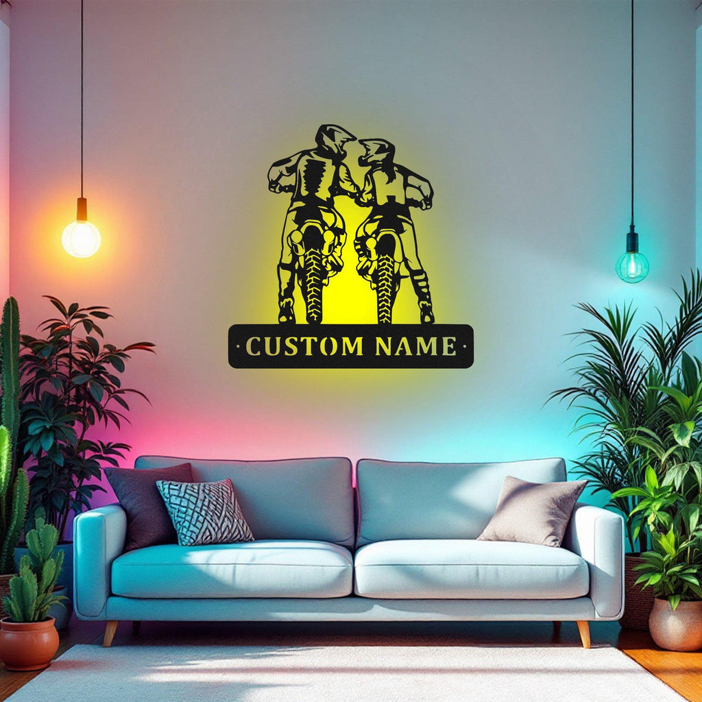 Custom Dirt Bike Couple Kiss Metal Wall Art With Led Light, Personalized Biker Name Sign Decoration For Room, Motorcycle Metal Led Decor