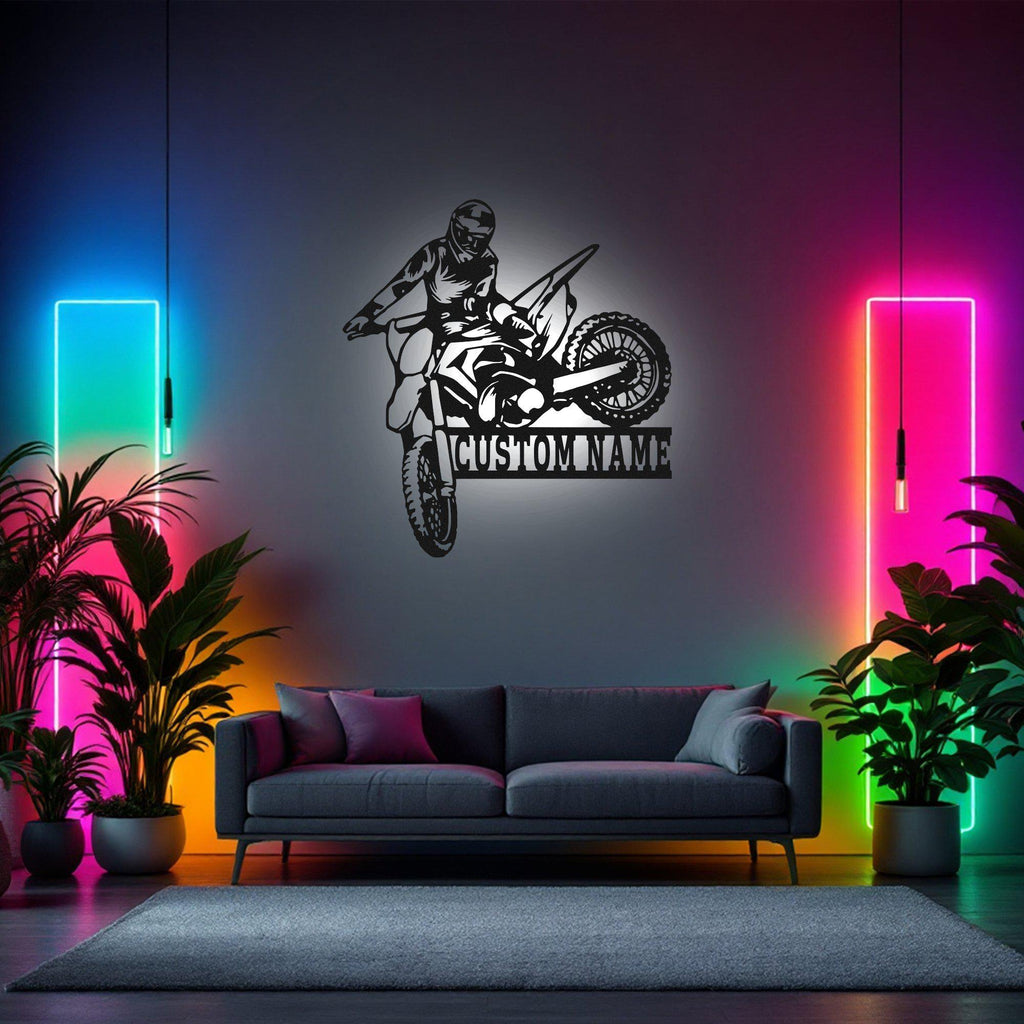 Custom Dirt Bike Metal Wall Art With Led Light, Personalized Biker Name Sign Decoration For Room, Dirt Bike Metal Led Decor, Custom Biker