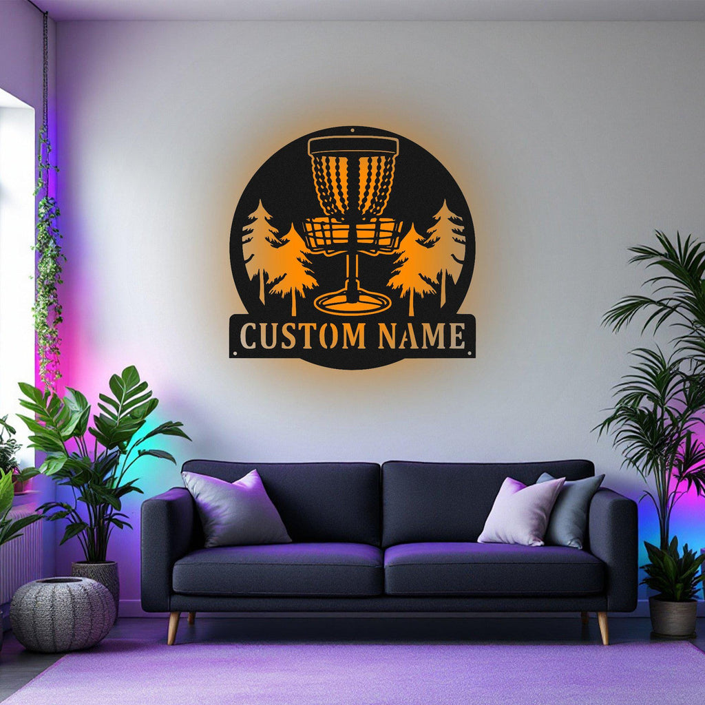 Custom Disc Golf Metal Wall Art With Led Light, Personalized Disc Golf Player Name Sign Decoration For Room, Disc Golf Metal Led Decor