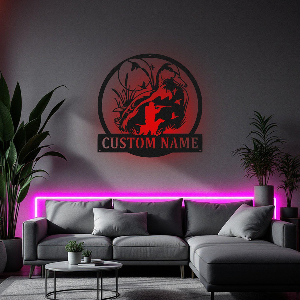 Custom Duck Hunting Metal Wall Art With Led Light, Personalized Duck Hunter Name Sign Decoration For Room, Duck Hunting Metal Led Decor