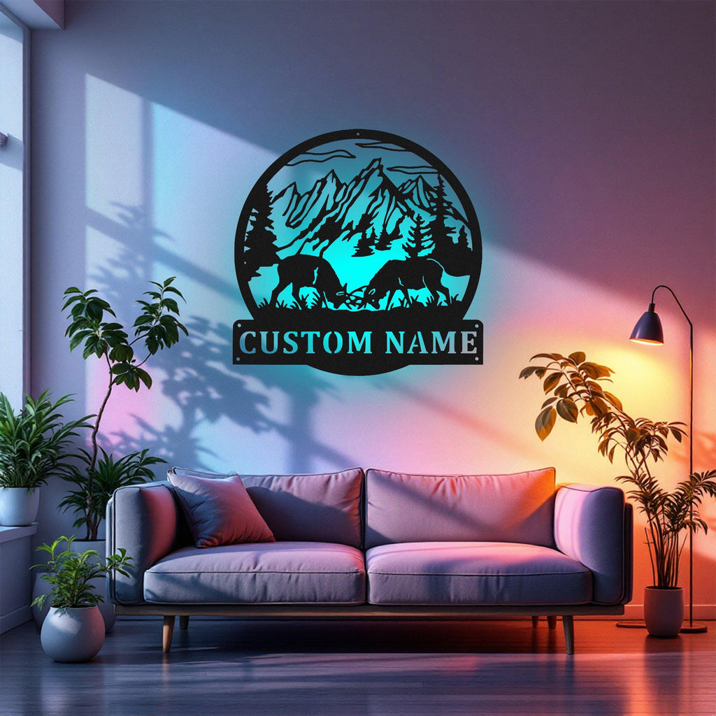Custom Dueling Caribou Elk Deer Metal Wall Art With Led Light, Personalized Elk Deer Name Sign Decoration For Room, Elk Deer Home Decor