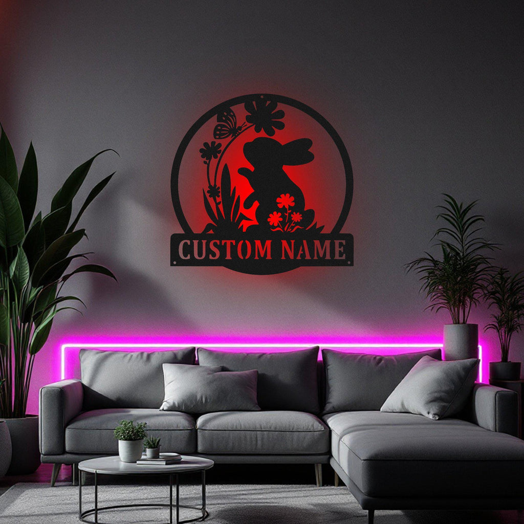 Custom Easter Bunny Metal Wall Art With LED Light, Personalized Bunny Name Sign Decoration For Room, Bunny Metal Decor, Custom Bunny