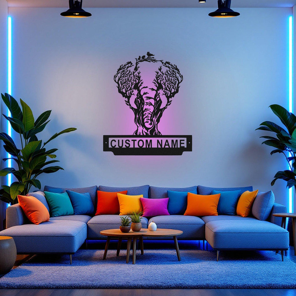 Custom Elephant Tree Metal Wall Art With Led Light, Personalized Elephant Name Sign Decoration For Room, Elephant Home Decor,Custom Elephant