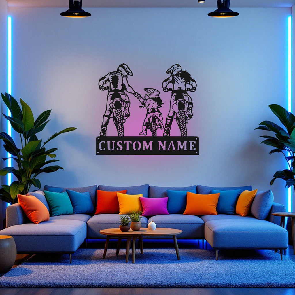 Custom Family Motocross Metal Wall Art With Led Light, Personalized Family Biker Name Sign Decoration For Room, Dirt Bike Metal Led Decor