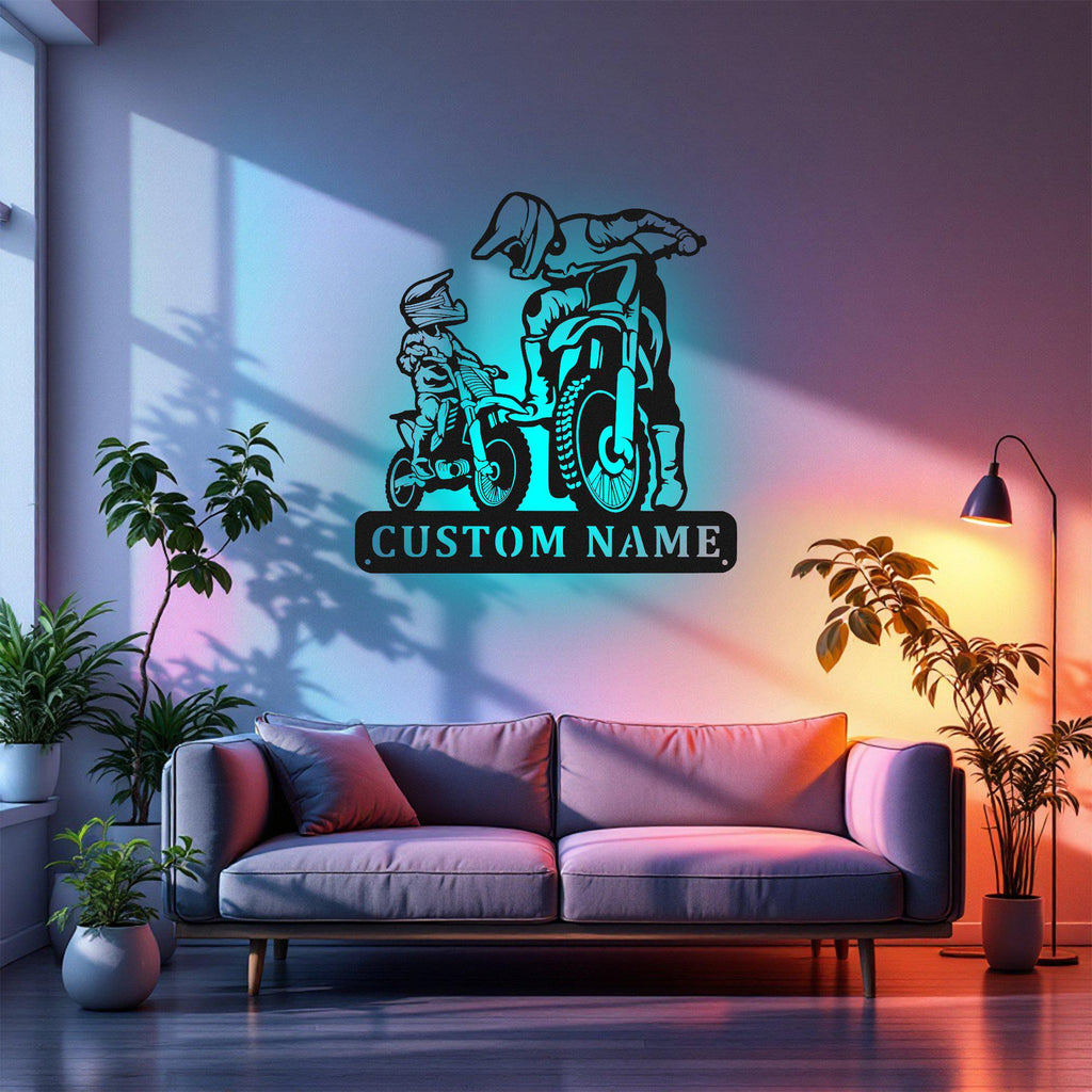Custom Father And Son Motocross Metal Wall Art With Led Light, Personalized Biker Name Sign Decoration For Room, Motocross Metal Led Decor