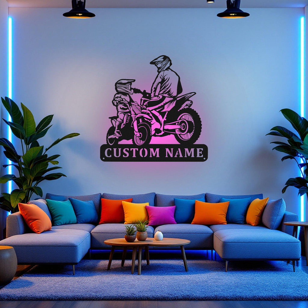 Custom Father And Son Motocross Metal Wall Art With Led Light, Personalized Biker Name Sign Decoration For Room, Motocross Metal Led Decor