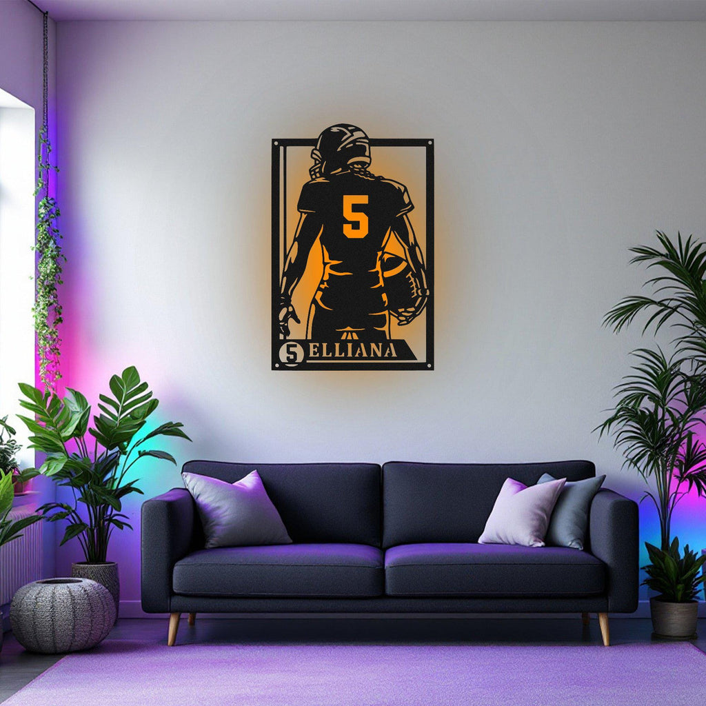 Custom Female Football Signage Metal Sign, Personalized Football Player Name Sign Decoration, Football Player Metal Led Decor