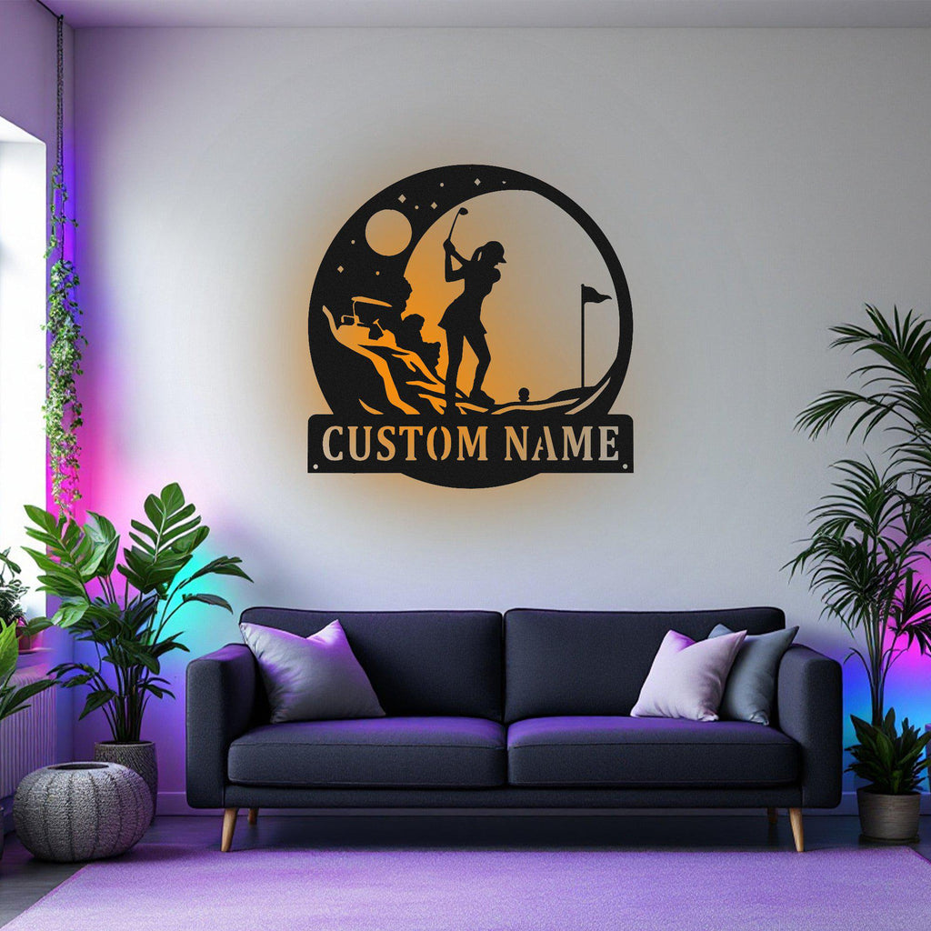 Custom Female Golfer Metal Sign, Personalized Golfer Name Sign Decoration For Room, Female Golfer Metal Led Decor,Golfer Gift