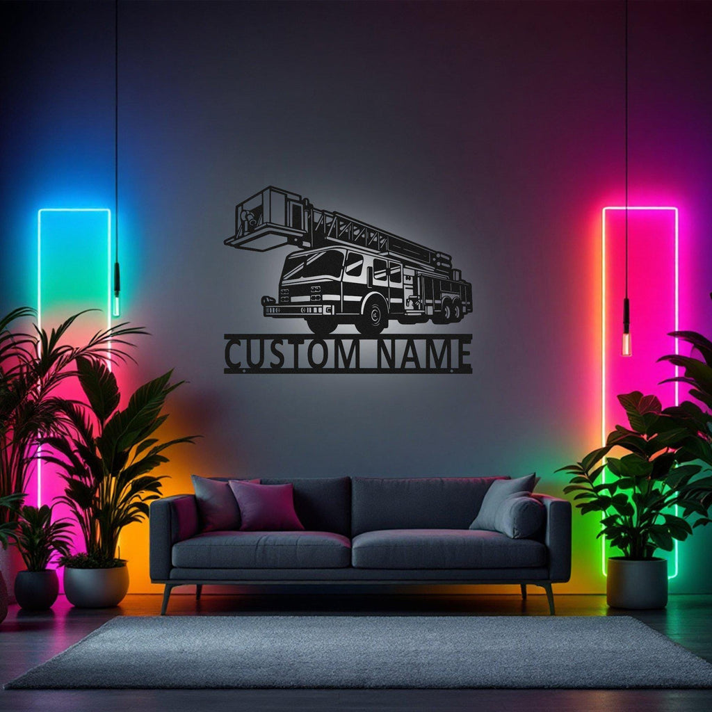 Custom Fire Truck Metal Wall Art With Led Light, Personalized Fire Trucker Name Sign Decoration For Room, Fire Truck Metal Led Decor
