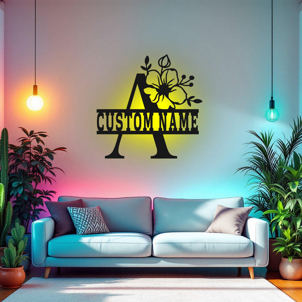 Custom Floral Alphabet A Metal Wall Art With LED Light, Personalized Alphabet Family Name Sign Decoration For Room,Last Name Metal Decor