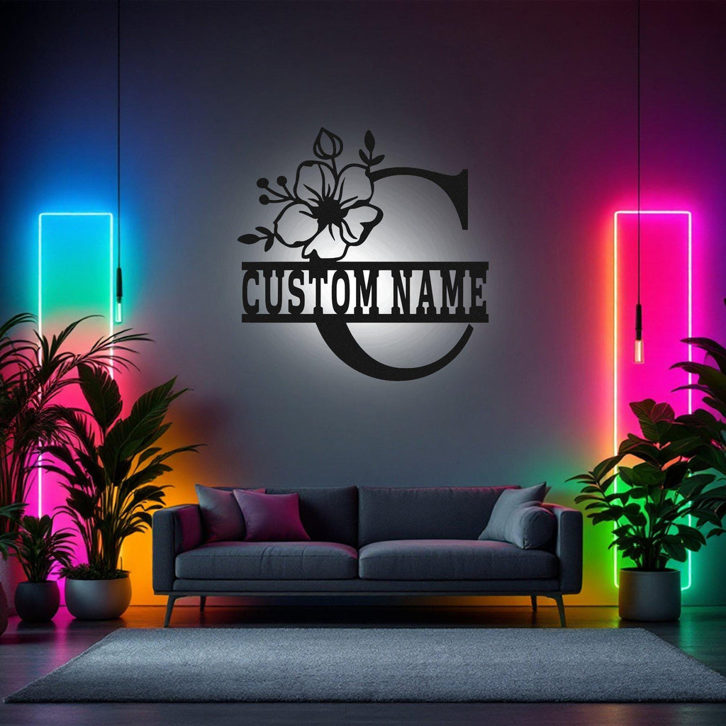 Custom Floral Alphabet C Metal Wall Art With Led Light, Personalized Alphabet Family Name Sign Decoration For Room,Last Name Metal Led Decor