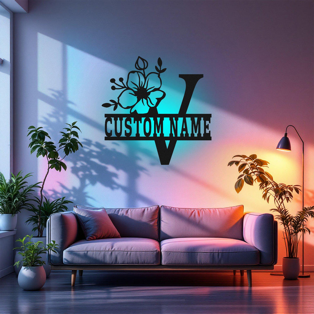 Custom Floral Alphabet V Metal Wall Art With Led Light, Personalized Alphabet Family Name Sign Decoration For Room,Last Name Metal Led Decor