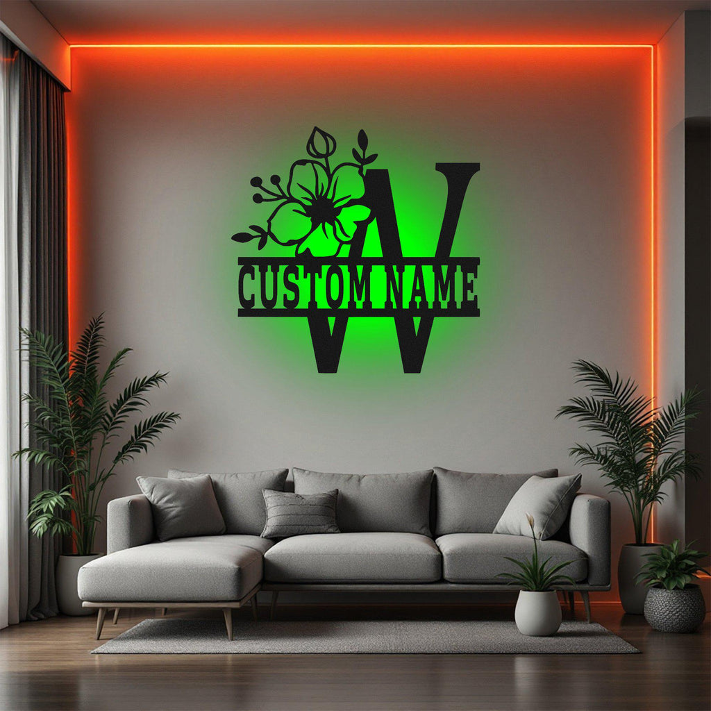 Custom Floral Alphabet W Metal Wall Art With Led Light, Personalized Alphabet Family Name Sign Decoration For Room,Last Name Metal Led Decor