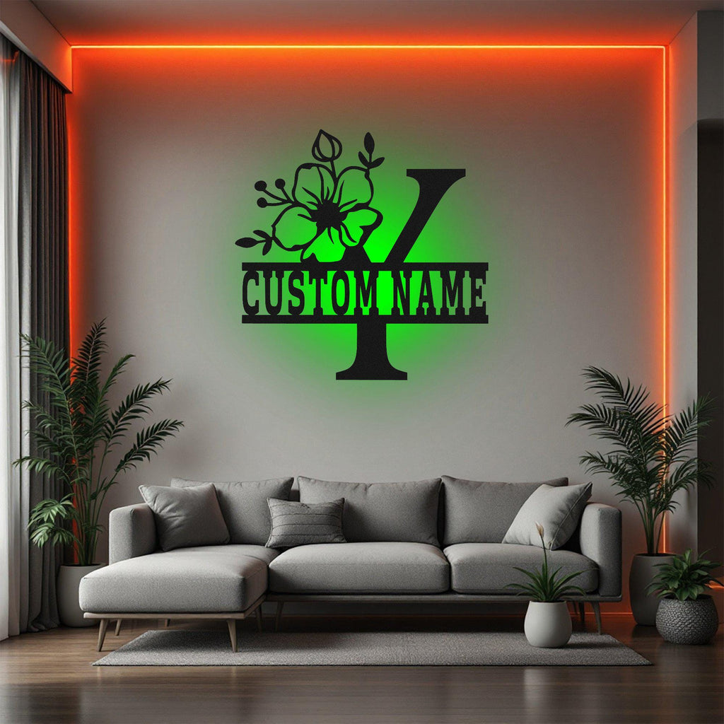 Custom Floral Alphabet Y Metal Wall Art With LED Light, Personalized Alphabet Family Name Sign Decoration For Room,Last Name Metal Decor