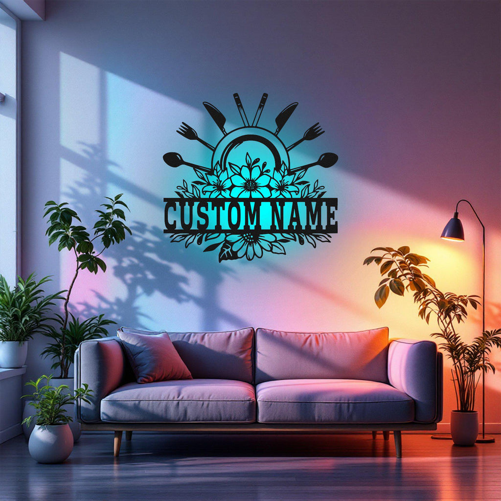 Custom Floral Cutlery Frame Metal Wall Art With Led Light, Personalized Restaurant Name Sign Decoration For Room, Cutlery Metal Led Decor