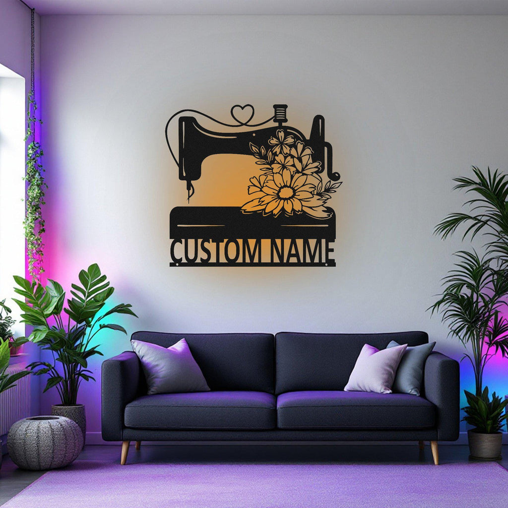 Custom Floral Sewing Machine Metal Wall Art With Led Light, Personalized Sewing Room Name Sign Decoration For Room, Sewing Metal Led Decor