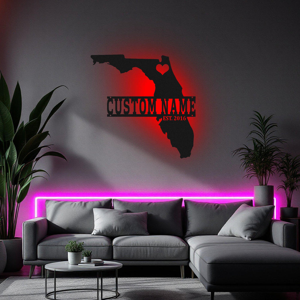 Custom Florida Map Metal Wall Art With Led Light, Personalized Florida State Name Sign Decoration For Room, Born In Florida Metal Led Decor