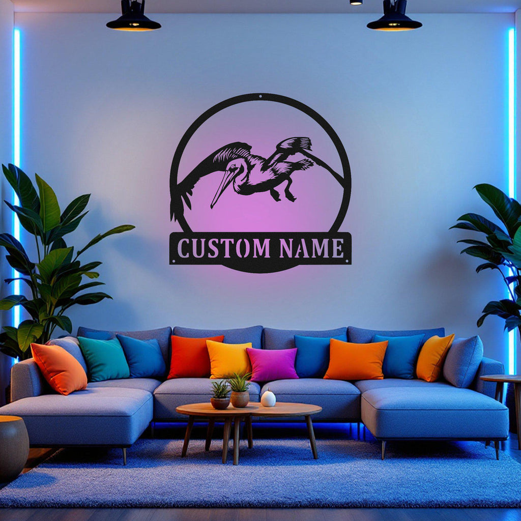 Custom Flying Pelican Metal Wall Art With LED Light, Personalized Pelican Name Sign Decoration For Room, Pelican Metal Decor, Pelican