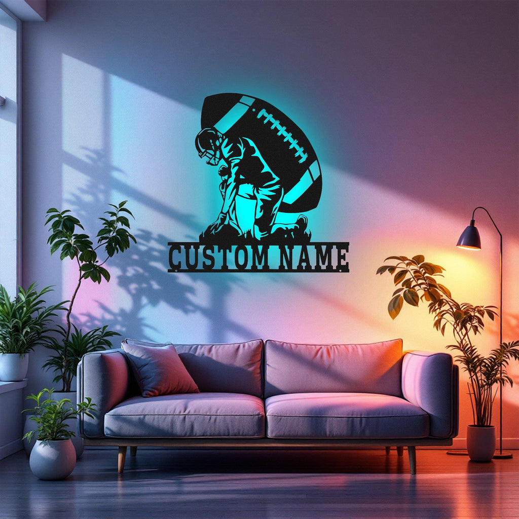Custom Football Player Metal Wall Art With Led Light, Personalized Football Player Name Sign Decoration For Room, Football Metal Led Decor