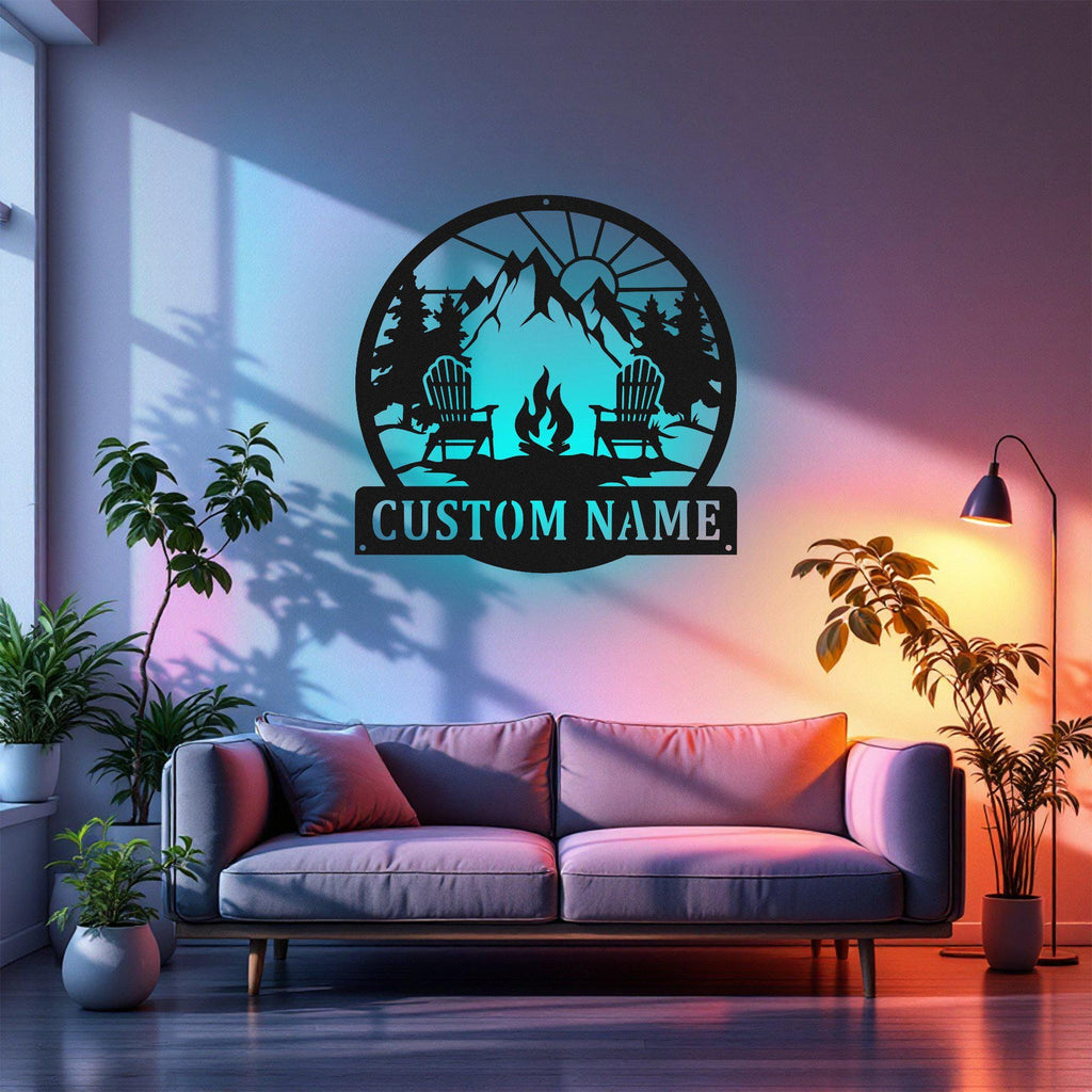 Custom Forest Camping Metal Wall Art With Led Light, Personalized Camper Name Sign Decoration For Room,Camping Metal Led Decor,Custom Camper