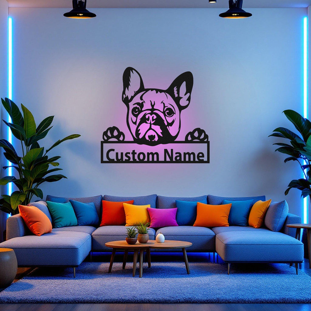 Custom French Bulldog Metal Wall Art With Led Light, Personalized French Bulldog Name Sign Decoration For Dog Room, French Bulldog Decor