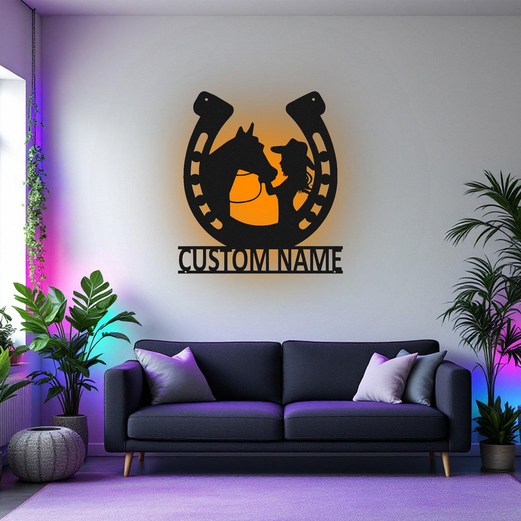 Custom Girl Kissing Horse Metal Wall Art With Led Light, Personalized Cowgirl Name Sign Decoration For Room, Cowgirl Horse Metal Led Decor