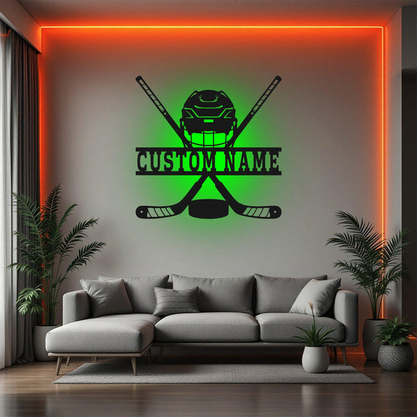 Custom Hockey Metal Wall Art With Led Light, Personalized Hockey Player Name Sign Decoration For Room, Hockey Metal Led Decor, Custom Hockey