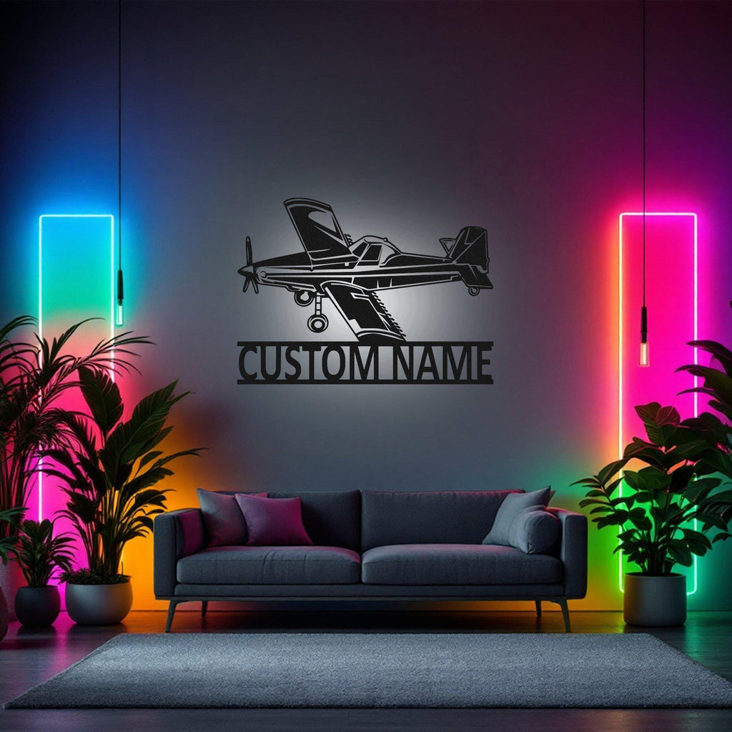 Custom Single Prop Airplane Metal Wall Art With Led Light, Personalized Pilot Name Sign Decoration For Room, Airplane Metal Led Decor