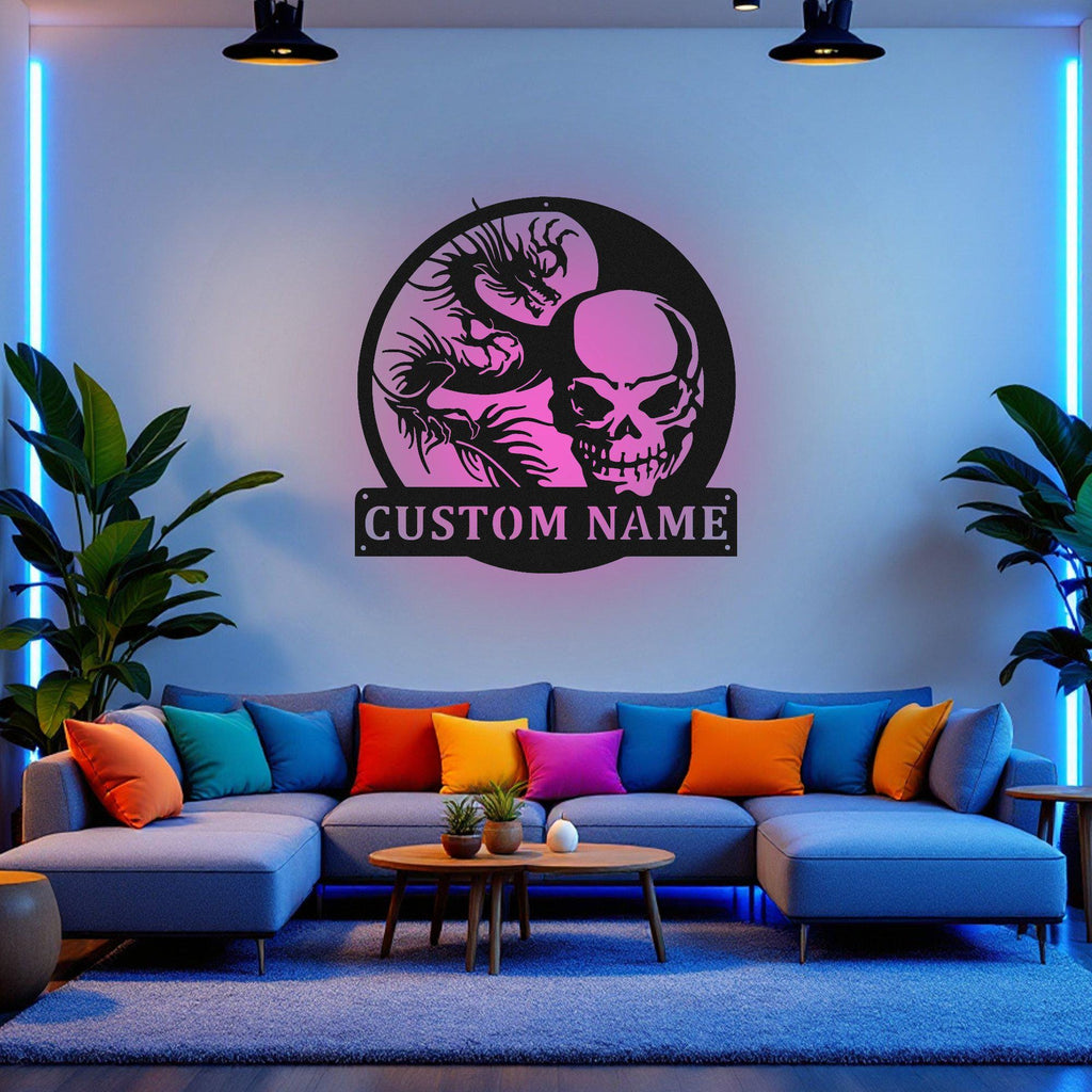 Custom Skull And Dragon Metal Wall Art With Led Light, Personalized Skull And Dragon Name Sign Decoration For Room, Skull Dragon Home Decor