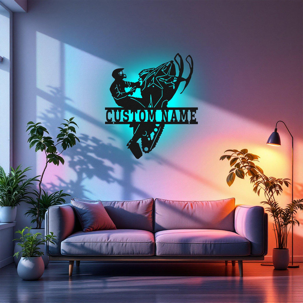 Custom Snowmobile Metal Wall Art With Led Light, Personalized Snowmobile Rider Name Sign Decoration For Room, Snowmobile Metal Led Decor