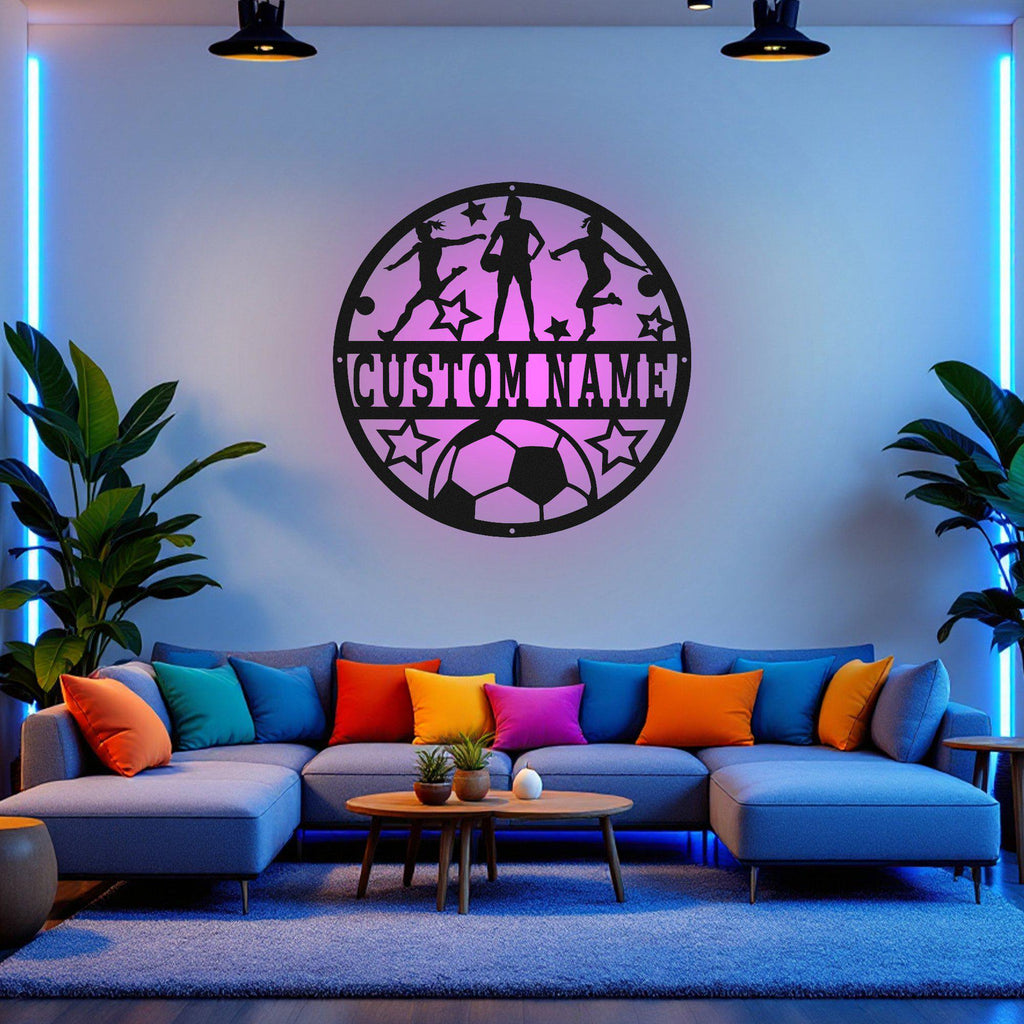 Custom Soccer Female Metal Wall Art With Led Light, Personalized Soccer player Name Sign Decoration For Room, Soccer Metal Led Decor